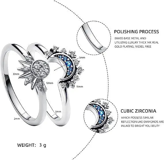 2023 New Couple Ring Set Sky Blue Sparkling Moon and Sun Ring Women's Stackable Finger Set Engagement Jewelry 2pc/set