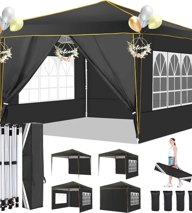 10x10 Pop-Up Canopy with 4 Detachable Sidewalls Waterproof Tent for Wedding Party Instant Outdoor Gazebo Stakes, Rope & Sandbags