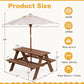 Picnic Table, Outdoor Wooden Table & Bench Set Removable Umbrella, Children Backyard Furniture for Patio Garden