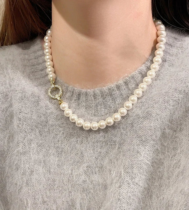 French Elegant Micro Set Zircon Round Buckle Imitation Pearl Beaded Necklace For Women's Temperament Jewelry Sweet Accessories