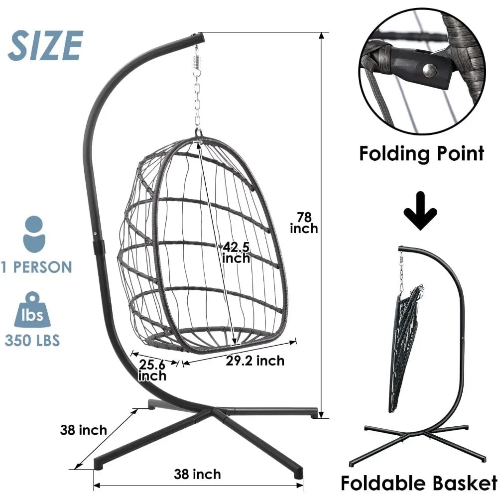 Egg Swing Chair with Stand, Rattan Wicker Hanging  for Outdoor Patio Hanging Basket Hammock UV Resistant Cushion 350lbs Capacity