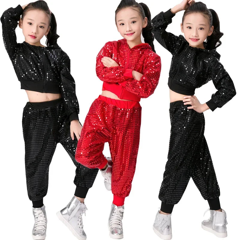 Kids Boy Girls Crop Top And Pant Performance Outfits Clothes Children Sequins Jazz Dance Modern Cheerleading Hip Hop Costume