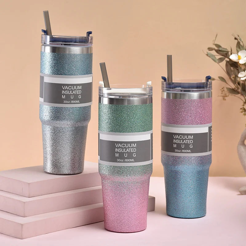 Straw Insulation Bottle Gradient Color Thermal Straw Water Bottles Sweat Free Straw Vacuum Insulated Mug Holiday Party Gifts