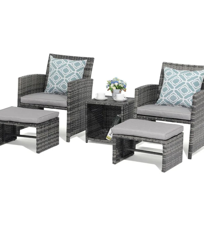 5 Piece Patio Furniture Set, Wicker Outdoor Conversation Chair and Ottoman Set with Coffee Table, Pillows Included,Light Grey