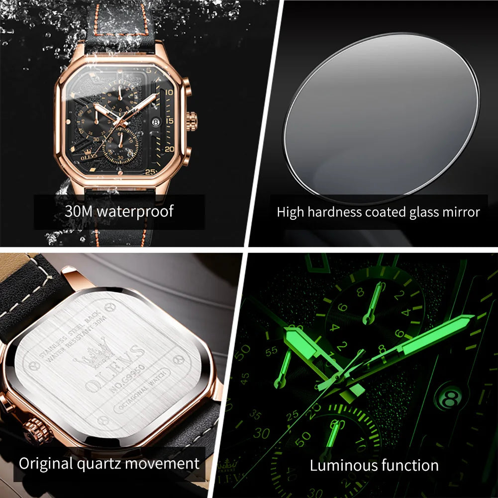 OLEVS New Quartz Watch for Men Chronograph Clock Waterproof Luminous Leather Strap Men's Wristwatch 42mm Dial Man Dress Watches