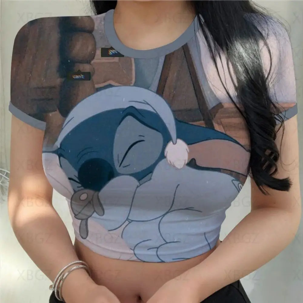 Sexy Kawaii Print Female Clothing Cartoon Y2k Party Stitch Summer Crop Top Slim Fit T Shirt Tight Women's T-shirt Fashion Disney