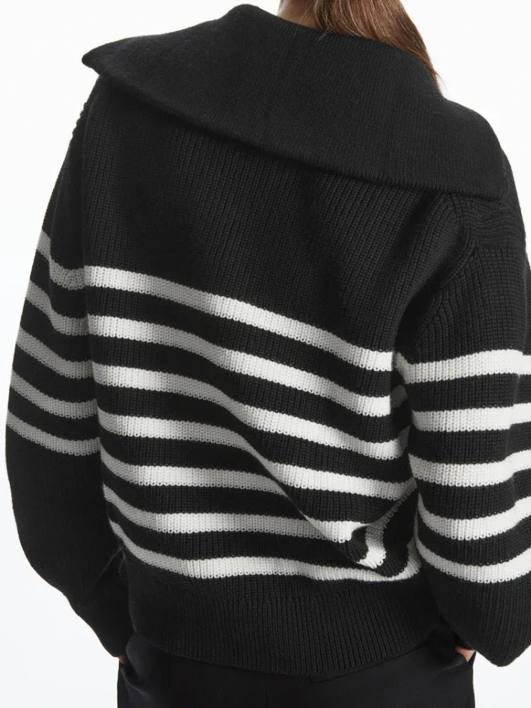 Women's Turtleneck Loose Lapel Striped Knitwear Women Pulovers New Simplicity Half Zipper Casual Fashion Women Sweaters 2024