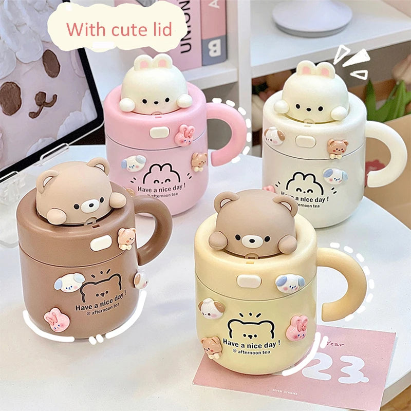 Kawaii Bear Coffee Thermal Cup Insulated Tumbler For Hot Cold Drinks Water Tea Thermos Mug Stainless Steel Cup With Straw Lid