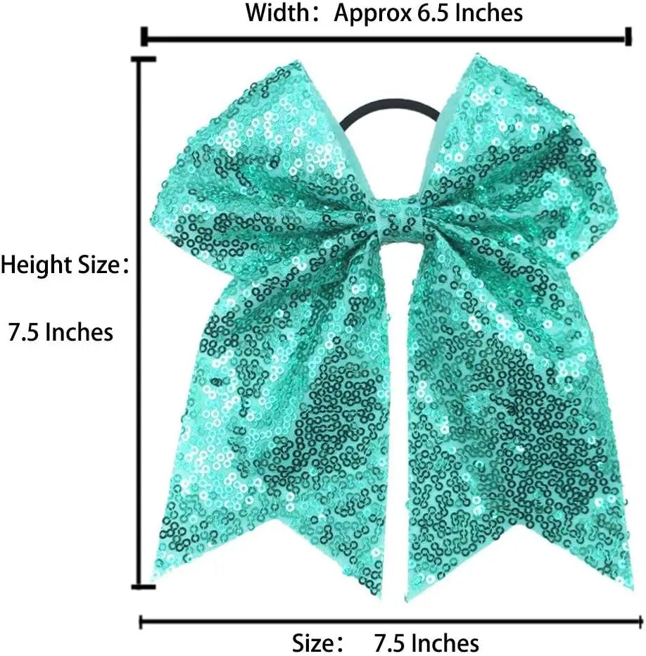 12Pcs 7.5" Bling Sparkly Glitter Sequins Pigtail Bows for kid Girls Large cheerleading bows Ponytail Holder Elastic Hair Ties