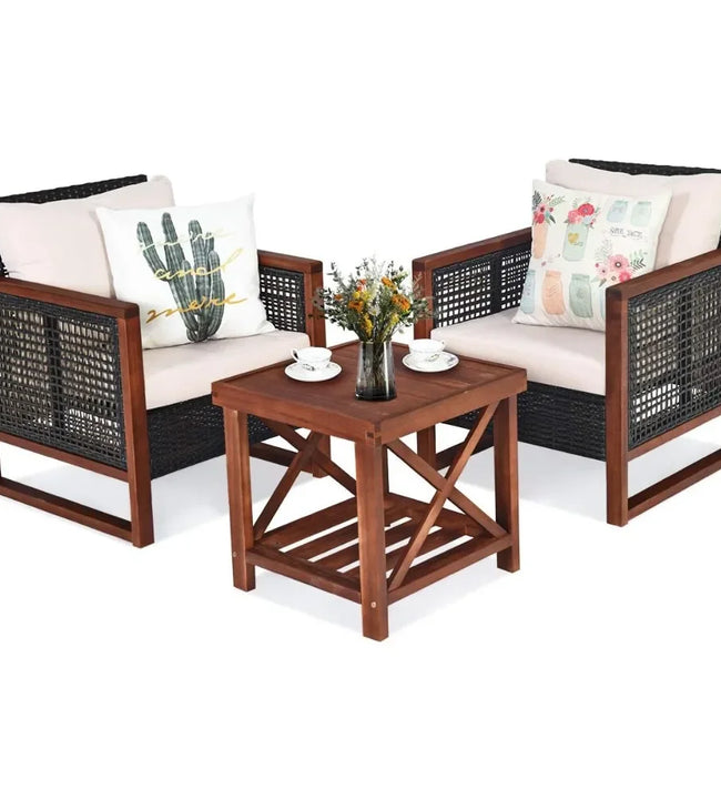 3 Pieces Patio Wicker Furniture Set, Rattan Outdoor Sofa Set w/Washable Cushion & Acacia Wood Coffee Table, for Garden Backyard