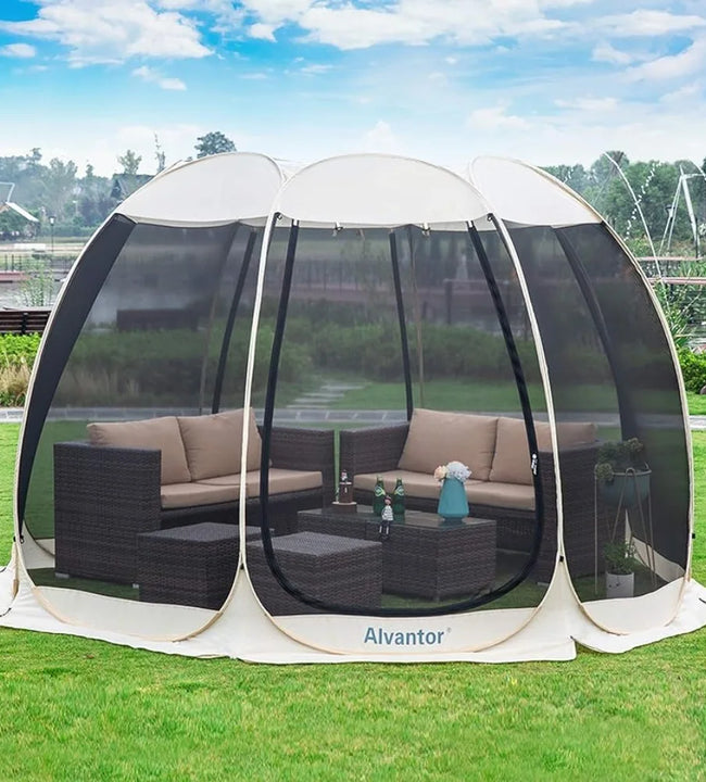 Screen House Room Camping Tent Outdoor Canopy Pop Up Sun Shade Hexagon Shelter Mesh Walls Not Waterproof 10'x10' Beige Patent