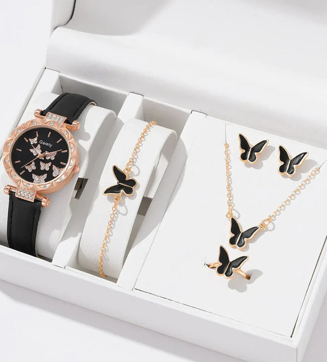 6/1pcs Set Women Watch Ring Necklace Earrings Bracelet Set Watches Butterfly Leather Strap Ladies Quartz WristWatch (No Box)