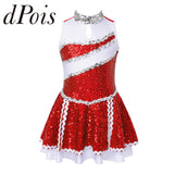 Girls Shiny Sequins Cheerleading Uniform Ballet Gymnastics Leotard Dress for Dancing Competiton Xmas Kids Figure Skating Dress