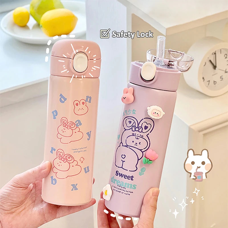 Cute Cartoon Stainless Steel Straw Insulated Cup Thermal Water Bottles For Girls Portable School Kids Milk Coffee Sippy Cups