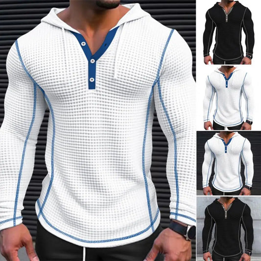 Breathable Waffle Fabric Sweatshirt Stylish Men's Waffle Cotton Hoodie Slim Fit Button Closing Breathable Long for Fashionable