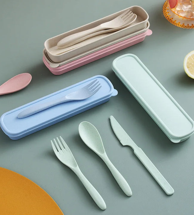 3Pcs Wheat Straw Dinnerware Set Portable Tableware Knife Fork Spoon Eco-Friendly Travel Cutlery  Utensil Box Chopsticks