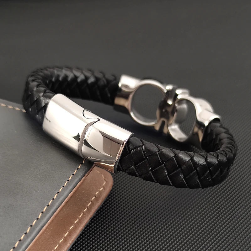 Luxury Stainless Steel Infinite Symbol Bracelet Fashion Men's Jewelry Classic Braided Leather Bracelet Homme New Year Men Gift