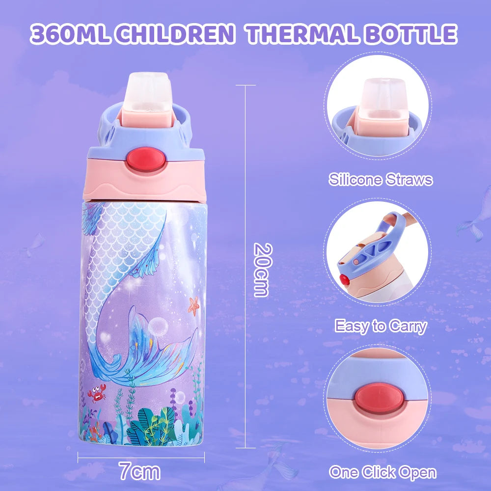 360ML Mermaid Kids Insulated Water Bottle Stainless Steel Thermos Bottle for Girls Toddler School Leakproof Thermal Mug BPA Free