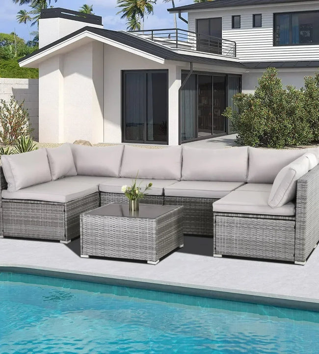 7/8 Pieces Patio Furniture Set, Modular Patio Set Wicker Outdoor Sectional Sofa Set PE Rattan Wicker Patio Conversation Set