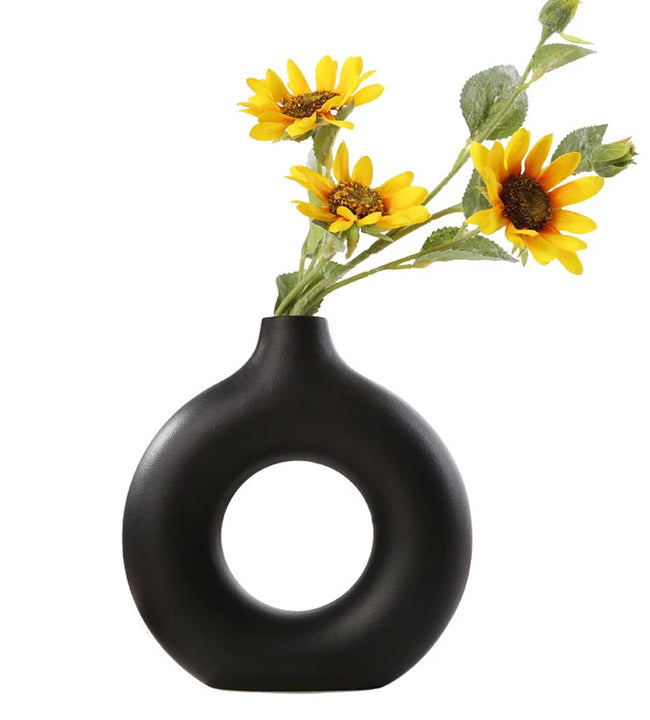 Nordic Vase Circular Hollow Ceramic Donuts Flower Pot Home Living Room Decoration Accessories Interior Office Desktop Decor Gift