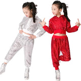 Kids Boy Girls Crop Top And Pant Performance Outfits Clothes Children Sequins Jazz Dance Modern Cheerleading Hip Hop Costume