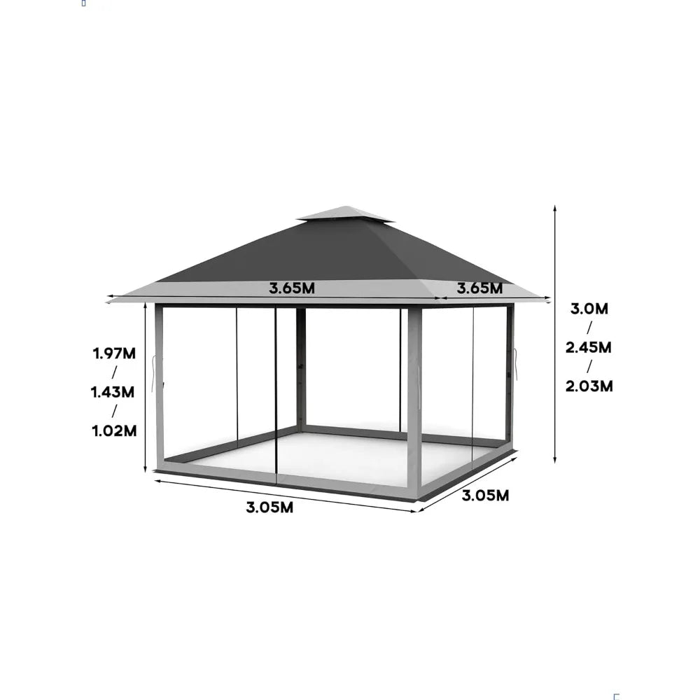 Gazebo Outdoor Canopy Shelter 12x12 Pop Up with Mosquito Netting 4 Stanbags Instant Tent for Lawn, Garden, Backyard Deck