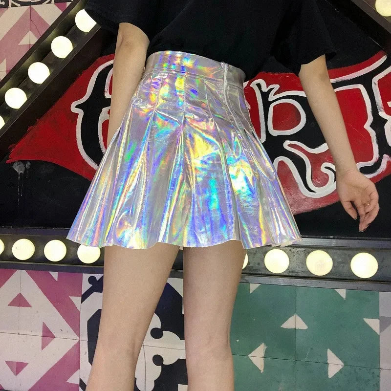 Y2k Clothes Women Harajuku Laser Skirt Chic A Line Swing Cheerleader High Waist Glossy Pleated Skirt Club Short Mini Skirts