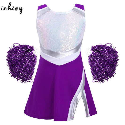 Kids Girls Cheer Dance Outfits Halloween Party Cosplay Cheerleading Costume Sequins Sport Dresses with Shorts and Flower Balls