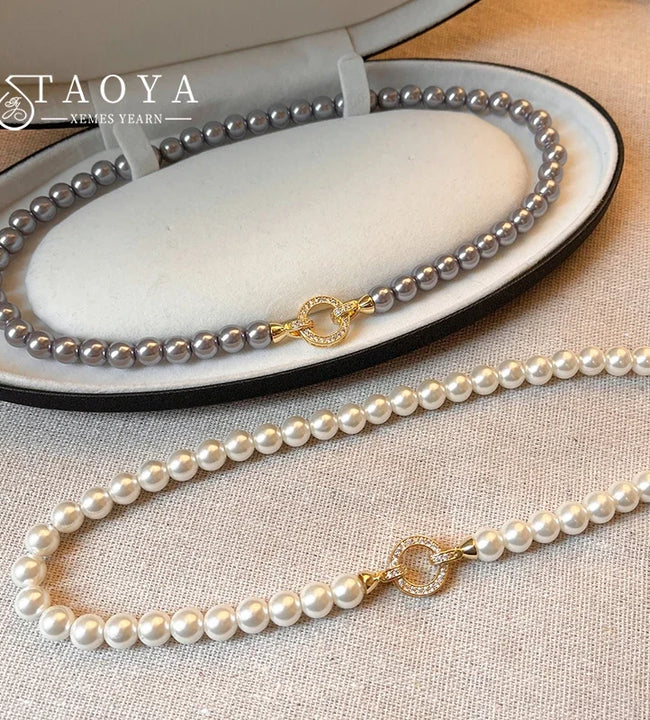 French Elegant Micro Set Zircon Round Buckle Imitation Pearl Beaded Necklace For Women's Temperament Jewelry Sweet Accessories