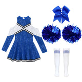 Cheer leader Costume Schoolgirl Dance Outfit for Kids Girls Sequin Cheerleading Uniform Dress with Pompom Socks Performance Suit