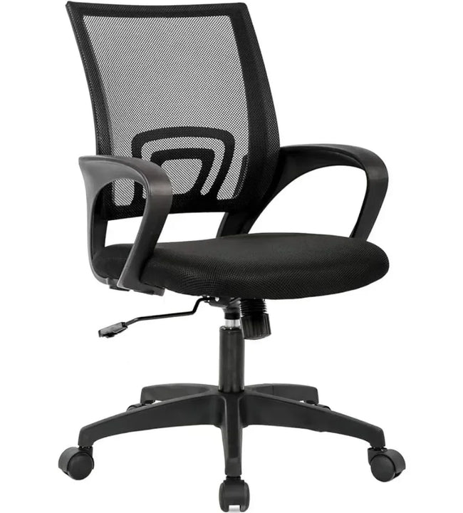 Office chair ergonomically designed with mesh computer waist support and adjustable black armrests