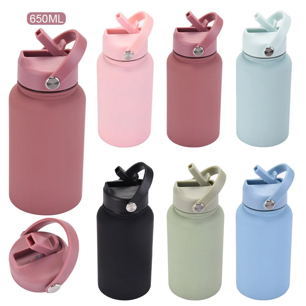 650ml Sports Water Bottle Portable Carry Handle with Straw Mug Stainless Steel American Large Mouth Insulated Thermos Bottle