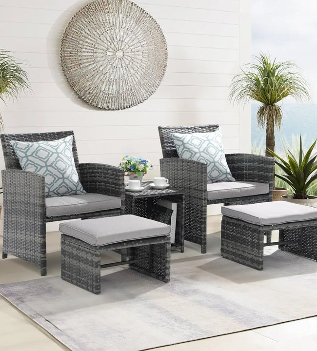 5 Piece Patio Furniture Set, Wicker Outdoor Conversation Chair and Ottoman Set with Coffee Table, Pillows Included,Light Grey