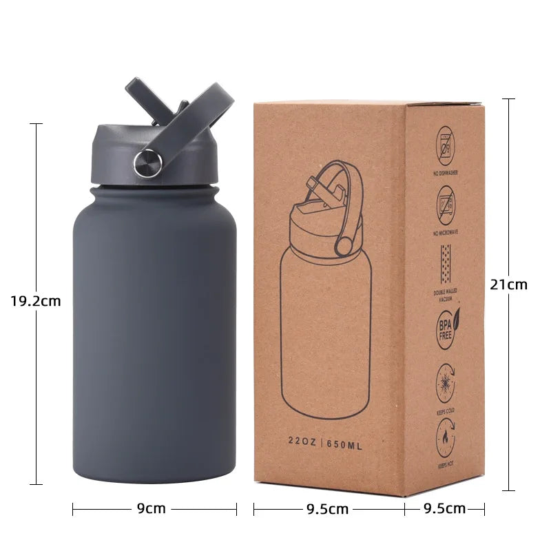 650ml Sports Water Bottle Portable Carry Handle with Straw Mug Stainless Steel American Large Mouth Insulated Thermos Bottle