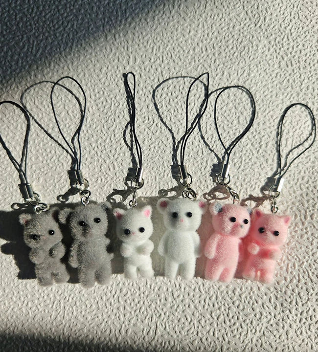 Cartoon Flocking Cat Pendant Phone Lanyard Cute Bear Doll Mobile Phone Strap Keychain For Girls Cell Phone Chain Accessories