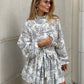 Clacive Casaul Loose Print Women'S Dress 2023 Fashion Stand Collar Puff Sleeve Mini Dresses Elegant Lace-Up Pleated Female Dress