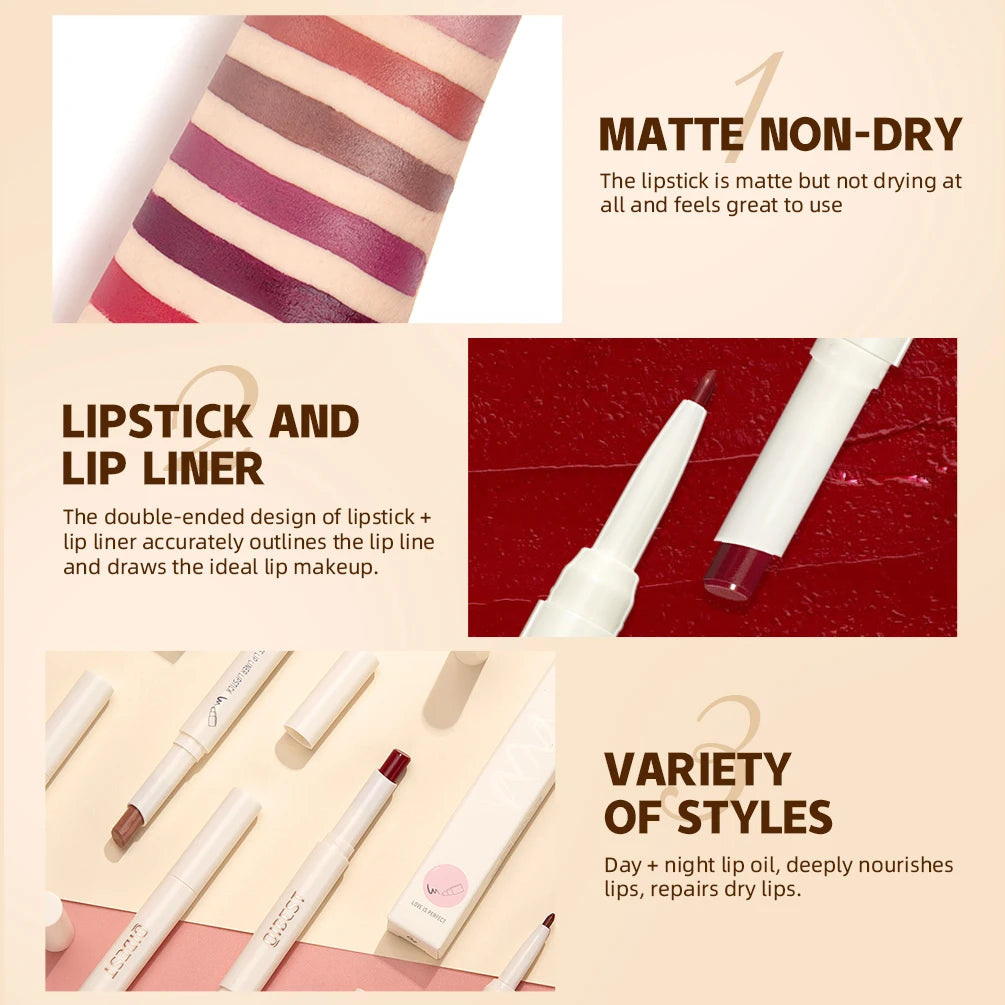 QIBEST 2 IN 1 Lip Liner Waterproof Matte Lipstick Pencil Sexy Red Long Lasting Lipliner Nude Lipstick Pen Lips Makeup Cosmetics