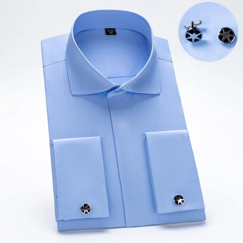 Windsor Collar French Cuff Dress Shirt Fashion Men's Long Sleeve Luxury Business Formal Shirts Covered Button Cufflink Shirt