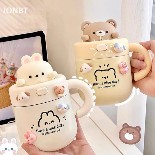 Kawaii Bear Coffee Thermal Cup Insulated Tumbler For Hot Cold Drinks Water Tea Thermos Mug Stainless Steel Cup With Straw Lid