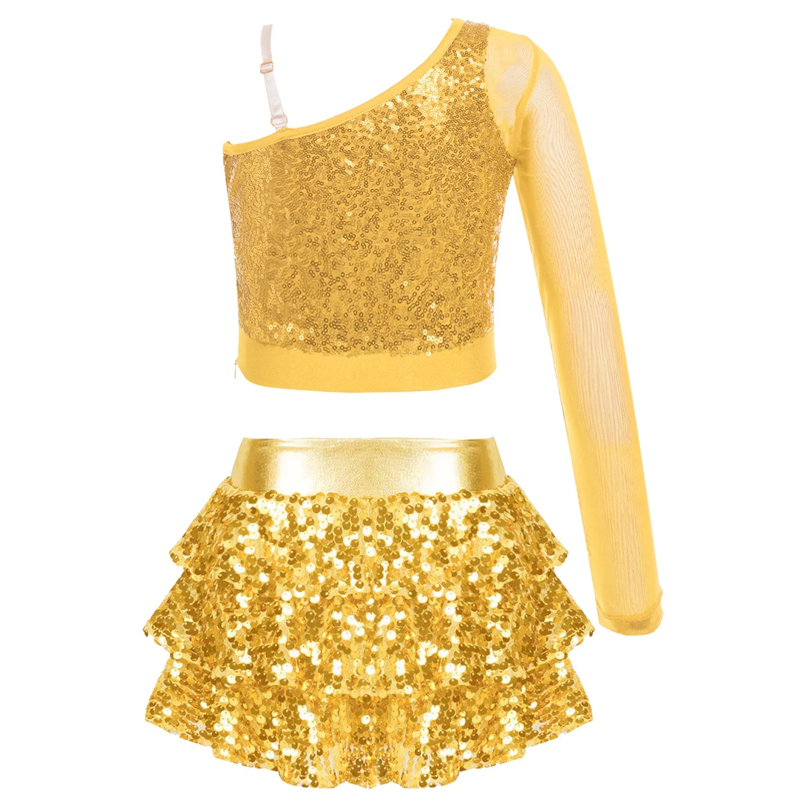 Kids Girls Hip Hop Jazz Dance Cheerleading Performance Costume Sheer Mesh One Shoulder Shiny Sequin Crop Top with Metallic Skirt