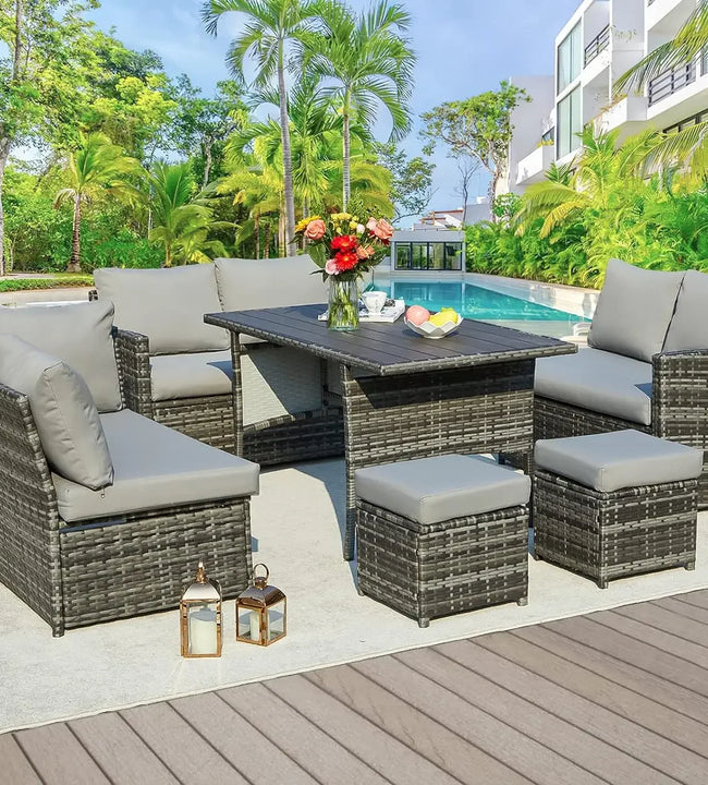 Patio Furniture Set 7 Pieces Outdoor Patio Furniture with Dining Table&Chair All Weather Wicker Conversation Set withOttoman