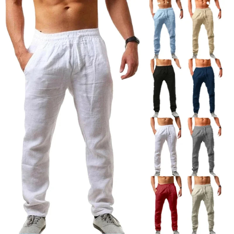 2022 Men's New  Fashion  Casual Sport Pants Elastic Waist Cotton and Linen Solid Color Trousers