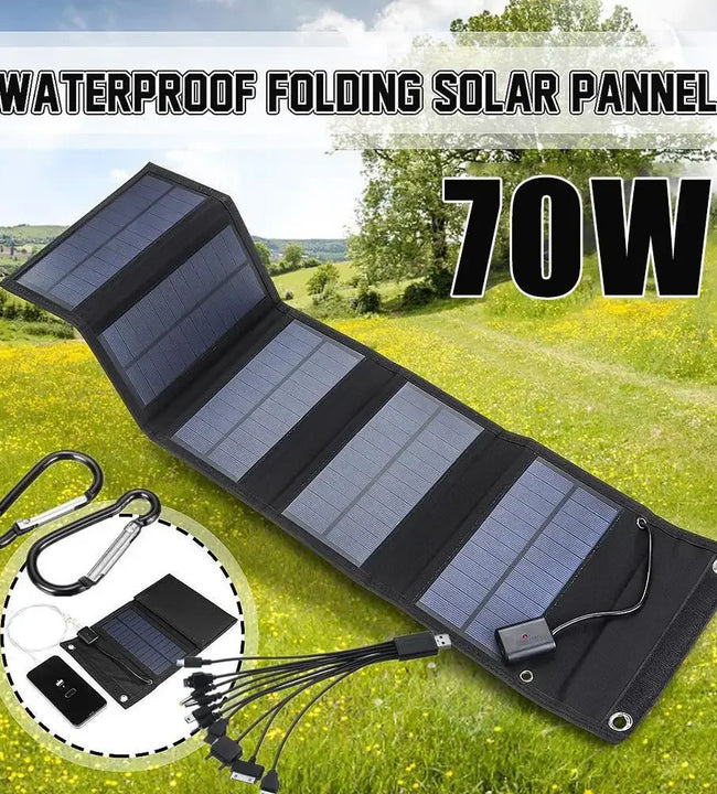 70W Foldable Solar Panel 5V USB Portable Battery Charger for Cell Phone Outdoor Waterproof Power Bank for Camping Accessories