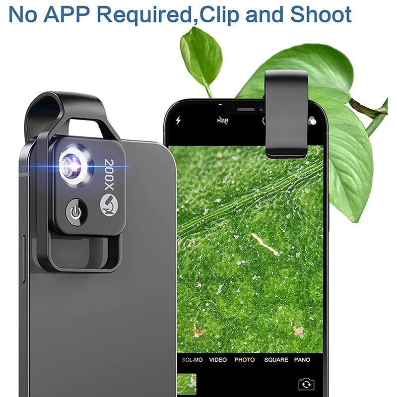 200X Cell Phone Microscope Accessory With CPL Lens, Portable Mini Digital Microscope With LED Light/Universal Clip