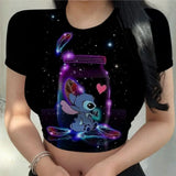 Sexy Kawaii Print Female Clothing Cartoon Y2k Party Stitch Summer Crop Top Slim Fit T Shirt Tight Women's T-shirt Fashion Disney