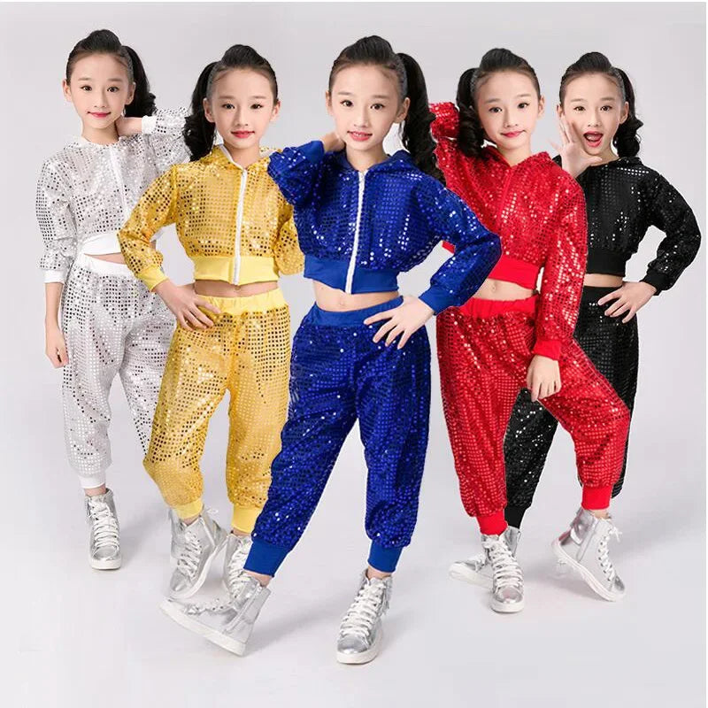 Kids Boy Girls Crop Top And Pant Performance Outfits Clothes Children Sequins Jazz Dance Modern Cheerleading Hip Hop Costume