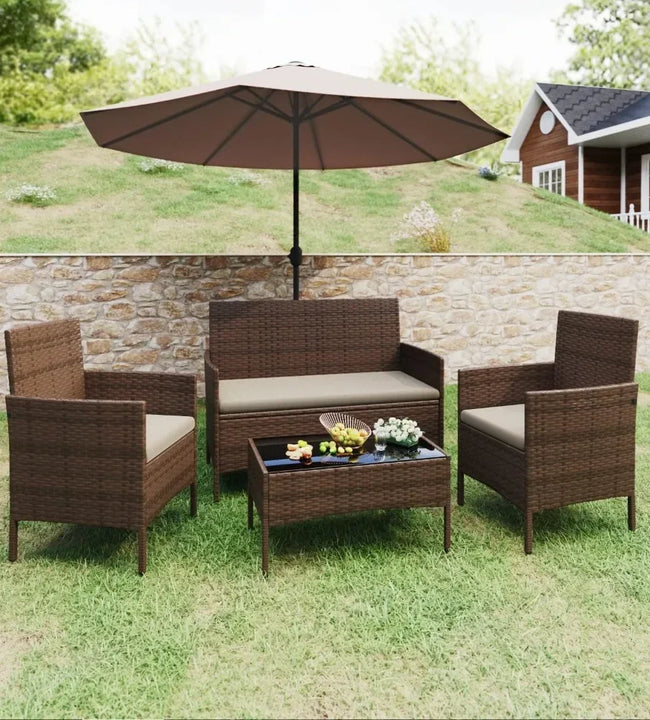 Outdoor Sofa Set of 4 with Soft Cushion and Glass Table, Patio Furniture 4 Pieces Conversation Set, Outdoor Wicker Rattan Chairs