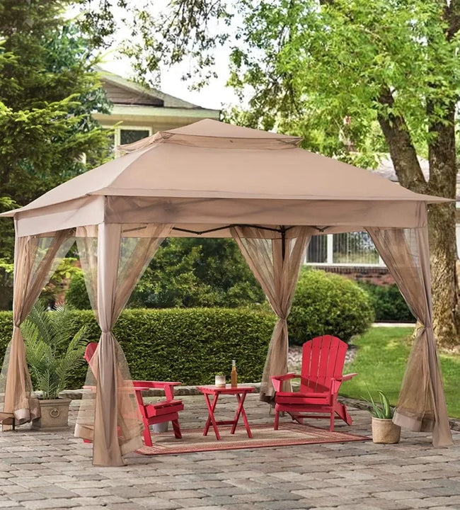 11x11 ft. Pop-Up Instant Gazebo, Outdoor Portable Steel 2-Tier Top Canopy/Tent with Netting and Carry Bag, Patio Umbrellas Tents