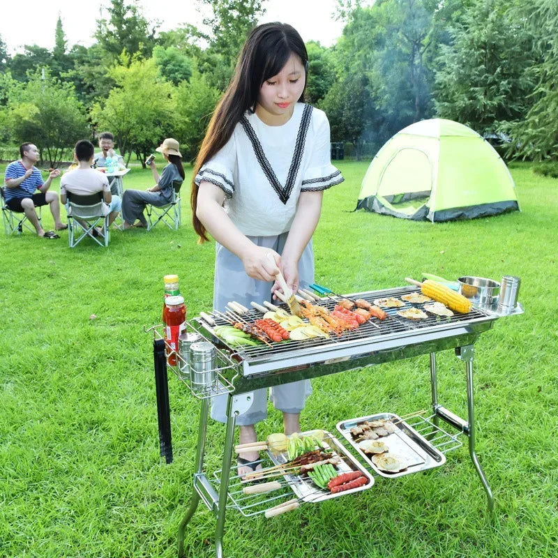 Household Barbecue Outdoor Thickened Stainless Steel Grill BBQ Wood Charcoal Grill Portable Folding Grill Barbecue Appliances