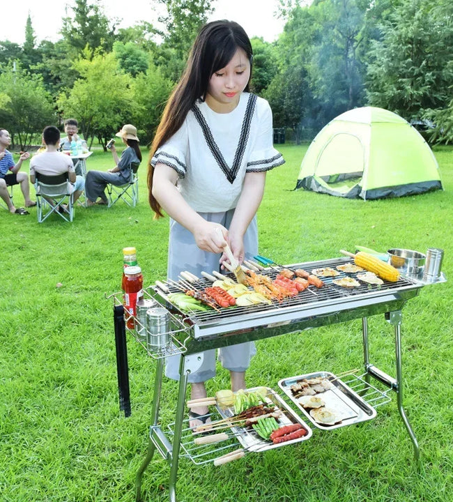 Household Barbecue Outdoor Thickened Stainless Steel Grill BBQ Wood Charcoal Grill Portable Folding Grill Barbecue Appliances